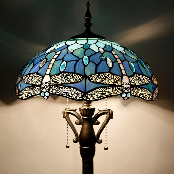Tiffany Floor Lamp Blue Dragonfly Stained Glass Standing Reading Light 16X16X64 Inches Antique Pole Corner Lamp Decor Bedroom Living Room