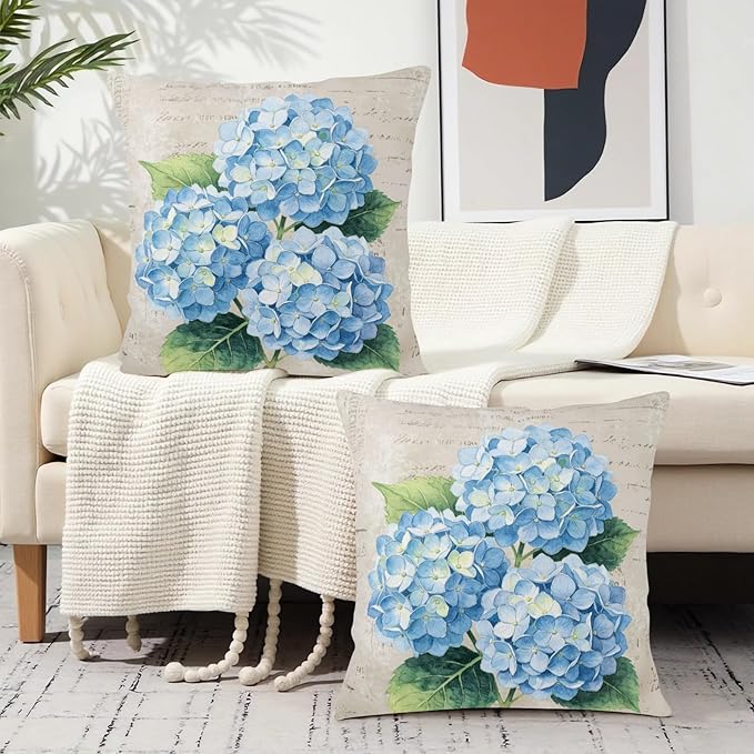 Vintage Blue Hydrangea Pillow Covers 20x20 Set of 2 Spring Summer Floral Outdoor Decorative Throw Pillow Cases Rustic Flowers Farmhouse Cushion Cover for Couch Sofa Porch Home Decor