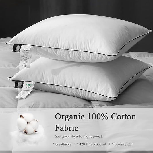 DWR Goose Feather Down Core Pillow Surrounded by Polyester 2 Pack, 100% Organic Cotton Covered, Medium Support, Queen Size Bed Pillow Inserts(20x30, Set of 2)