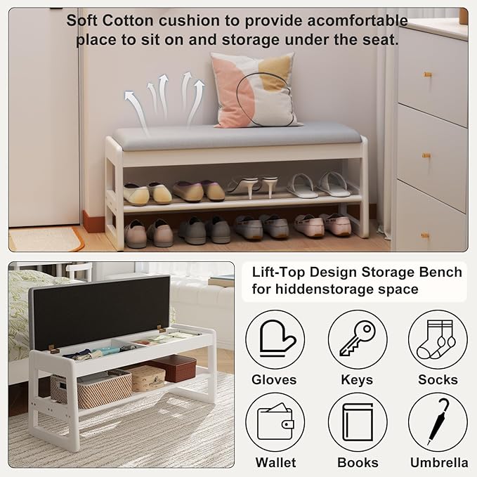 AQIMUELE Small Shoe Rack Bench,2 Tiers Shoe Bench with Storage with Flip-Top,Wood Shoe Rack for Entryway,Hallway（White Upholstered Seat）