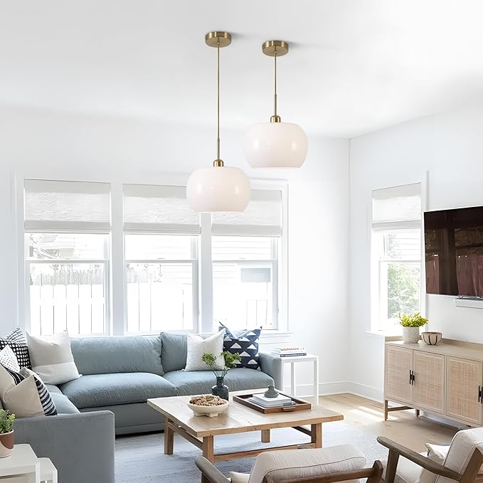 BOKT 1-Light Gold Dome Pendant Light Mid Century Modern White Globe Pendant Lighting Kitchen Island Brass Dining Hanging Ceiling Lamp Single Large Glass Ball Pendant Lamp