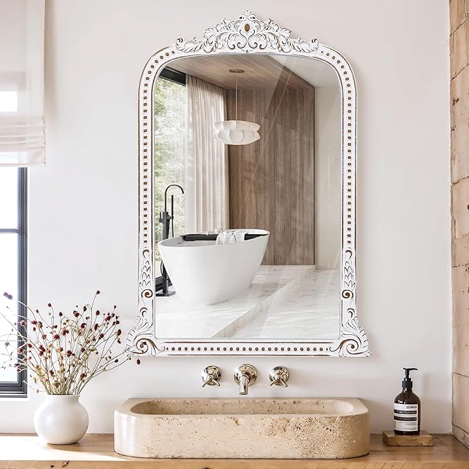 Wooden Vintage Wall Mirror: 28x38 Inch Baroque Antique Mirror - Ornate Decorative Arched Mirrors for Fireplace, Entryway, Bedroom, Bathroom - Home Decor for Living Room