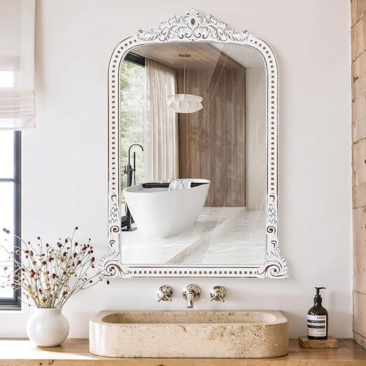 Wooden Vintage Wall Mirror: 28x38 Inch Baroque Antique Mirror - Ornate Decorative Arched Mirrors for Fireplace, Entryway, Bedroom, Bathroom - Home Decor for Living Room