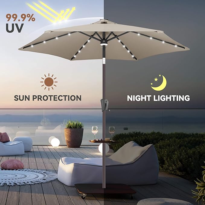 7.5FT Solar Umbrella Outdoor - Lighted Solar Patio Umbrella with 24 LED Lights Waterprool UV Protection, Table Umbrella with Tilt for Pool, Porch, Garden, Deck, Backyard (Taupe)