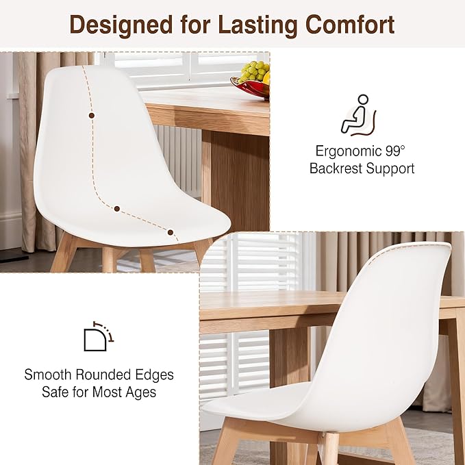 VECELO Dining Chairs Set of 4, Mid-Century Modern Kitchen & Dining Room Chairs, Molded Plastic Seat & Back, Solid Wood Legs, Armless, Non-Slip Feet, White