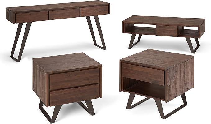 SIMPLIHOME Lowry Coffee Table - 48 inch Wide Solid Acacia Wood and Metal Living Room Table in Distressed Charcoal Brown, Modern Industrial Cocktail Table for Family Room with Drawers and Open Storage