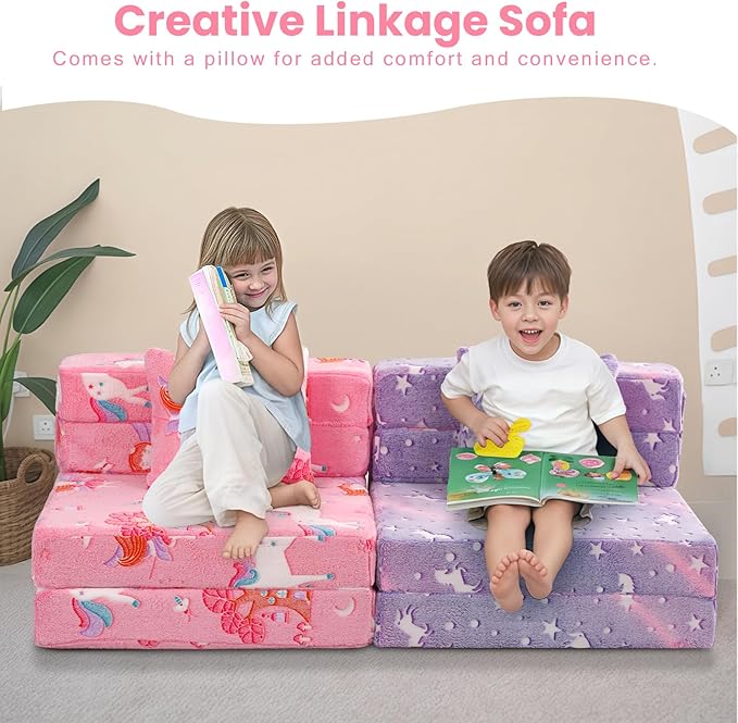 MeMoreCool Foldable Futon Chair Bed for Kids, Glow Tri-fold Sofa Bed Convertible Toddler Sofa Mattress, Foam Floor Couch for Sitting, Pink