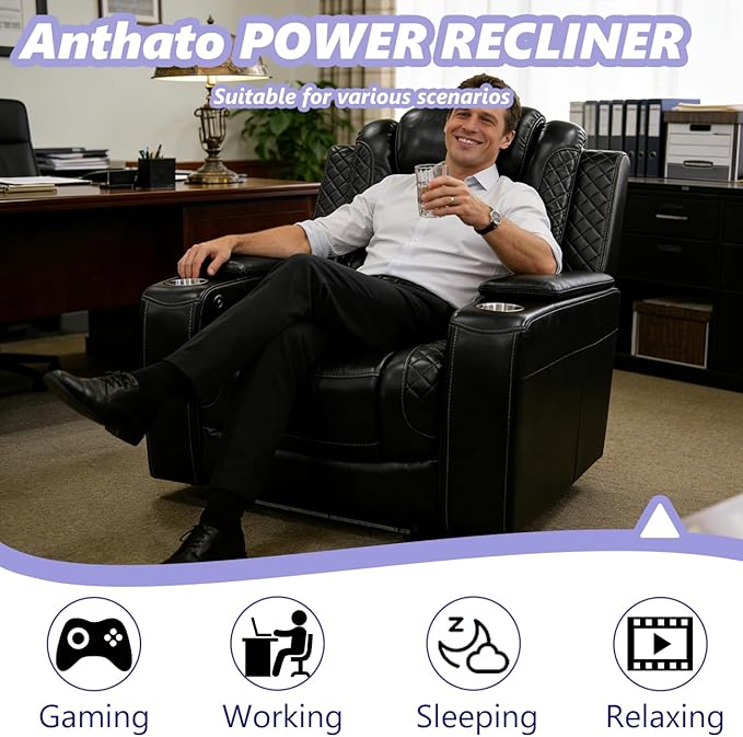 Power Theater Recliner Chair, Black Leather Reclining Sofa Couch Chair, Comfy Recliner with Arm Storage/Cup Holder/USB Port for Living Room Furniture, Bedroom, Office, Home Theater