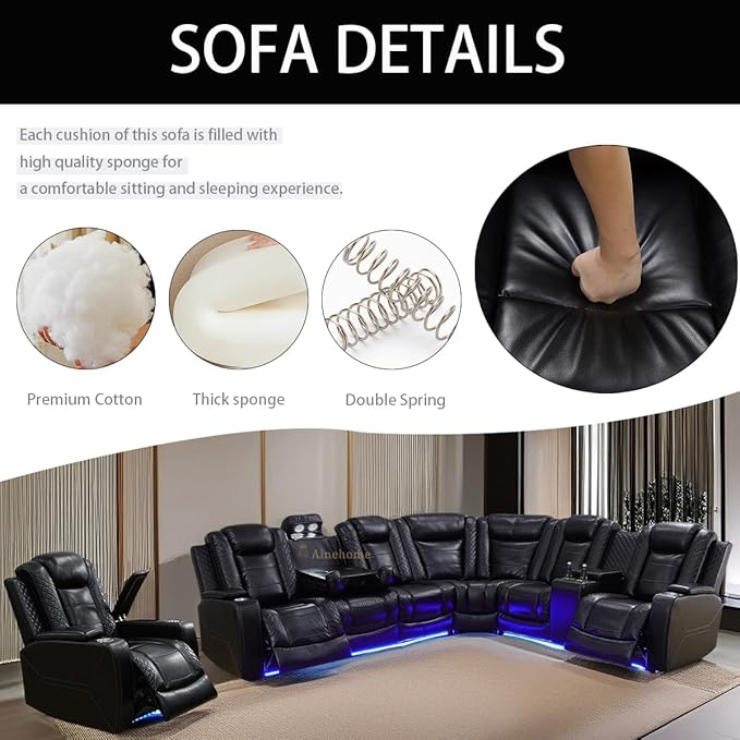 A Ainehome Power Reclining Sectional Couch, Power Leather Recliner Sectional Sofa Living Room Furniture Set with USB Port/Storage Console for Living Room/Office(B-Black)