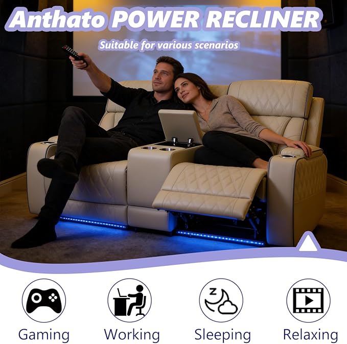 Power Recliner Sofa Set, Living Room Furniture Sets, Leather Reclining Sofa Set, Recliner Couch Loveseat and Chair with Coffee Table/Cup Holders/Charging Port for Home Theater Seat, Khaki