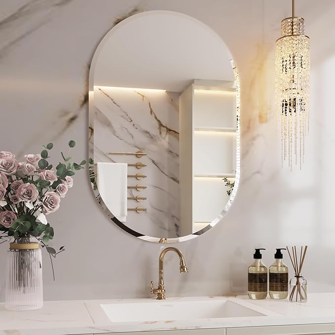 24x36 Oval Mirror, Frameless Art Deco Wall Mirror, Bathroom Mirror