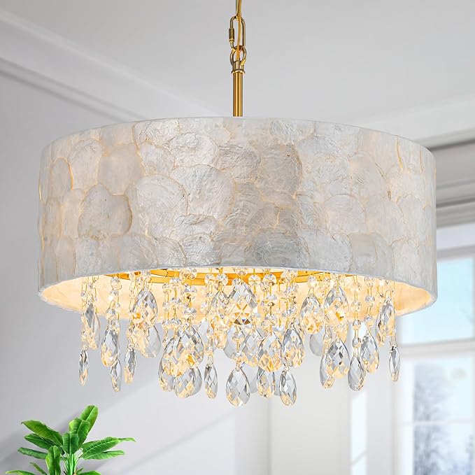 4-Light Drum Capiz Shell Crystal Chandeliers, Coastal Style Pendant Light Fixture for Dining Room, Living Room, D18 x 21~68"(Adjustable), Shell Lampshade & Gold Finish