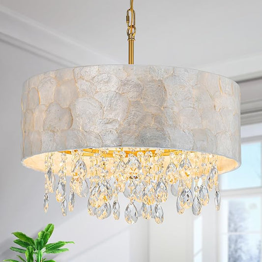 4-Light Drum Capiz Shell Crystal Chandeliers, Coastal Style Pendant Light Fixture for Dining Room, Living Room, D18 x 21~68"(Adjustable), Shell Lampshade & Gold Finish