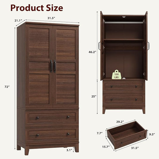 GarveeHome Armoire Wardrobe Closet with 2 Drawers,72 in Wooden Wardrobe Cabinet with Hanging Rod, Tall Clothing Armoire Cabinet with Doors and 18 Adjustable Shelves for Bedroom, Clothes,Walunt Brown