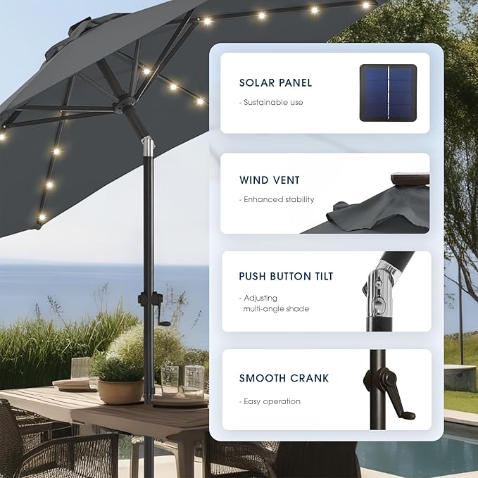 wikiwiki 10FT Solar Led Patio Umbrella with Base Included, 32 LED Lights, 8 Sturdy Ribs, Fade Resistant Waterproof POLYESTER DTY Canopy for Garden, Lawn, Deck, Backyard & Pool, Dark Gray