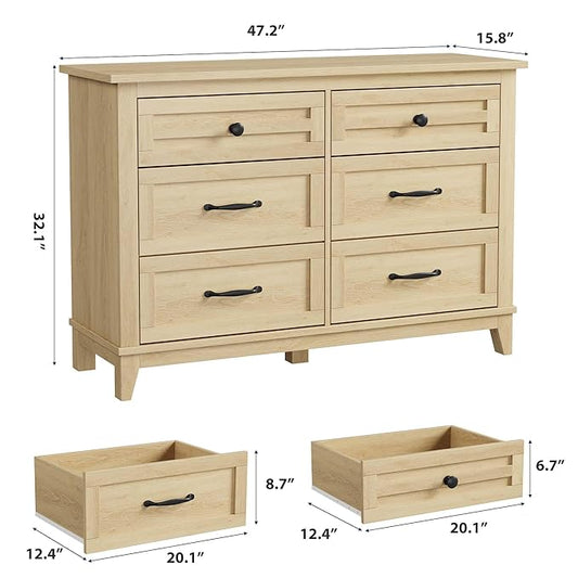 GarveeHome 6 Dresser for Bedroom, 47 in Wide Drawer Dresser with Storage Freestanding, Wooden Closet Storage Chest for Living Room, Bedroom, Entryway, Natural Oak