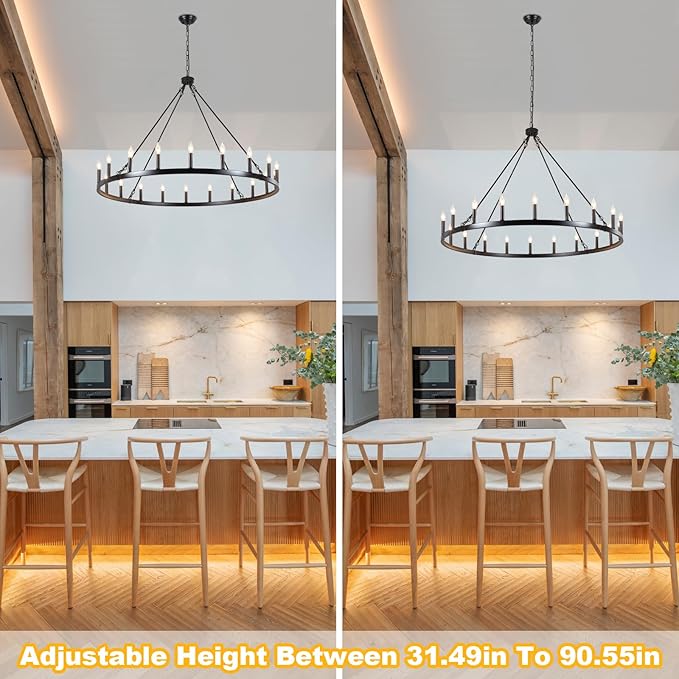 Black Wagon Wheel Chandelier 20-Light 48" Large Black Farmhouse Chandelier High Ceiling Light Fixture for Living Room Entryway Hallway Kitchen Island