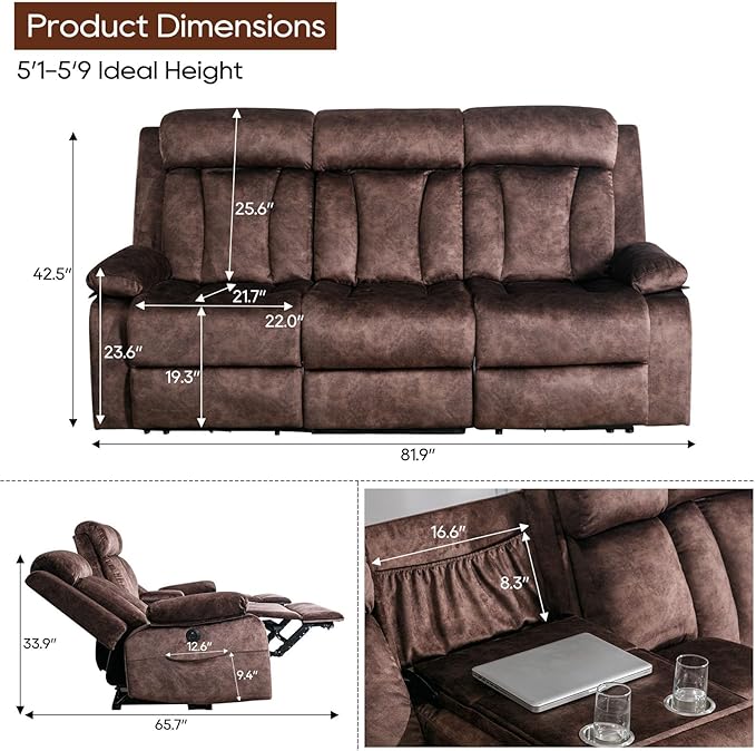 GUEAPY Reclining Sofa and Loveseat Set-Power Reclining Furniture Sets with Heat and Massage, 2 Piece Recliner Couches Set with Console,Drop Down Table,Cup Holders,USB & Type-C Ports for Living Room