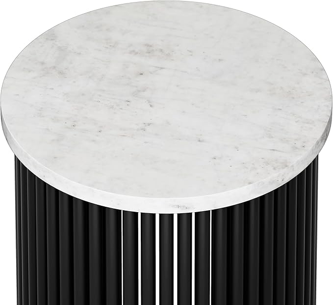 SIMPLIHOME Demy Metal Accent Table - 18 inch Wide Solid Metal Round Side Table with White Genuine Marble Top and Black Metal Base, Industrial End Table for Living Room with Compact Design, Assembled