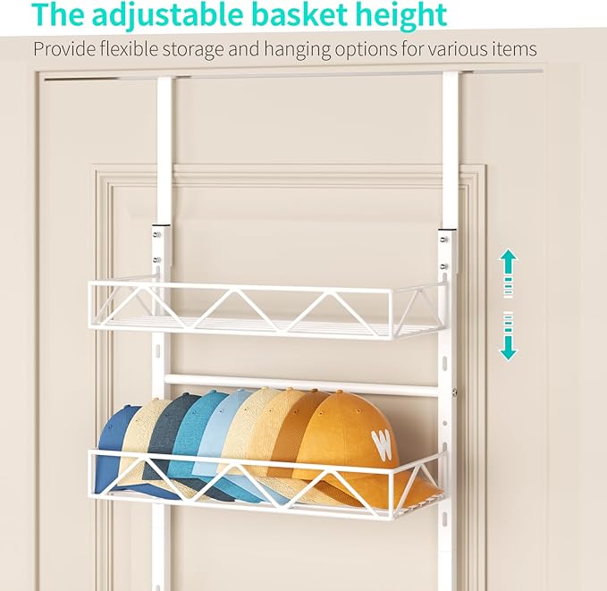 HapiRm Over the Door Hat Organizer - 4 Tier Wall Mounted Hat Rack with 4 Adjustable Metal Basket, Baseball Caps Organizer Storage Holds up to 40 Caps for Door, Bedroom, Closet (White)