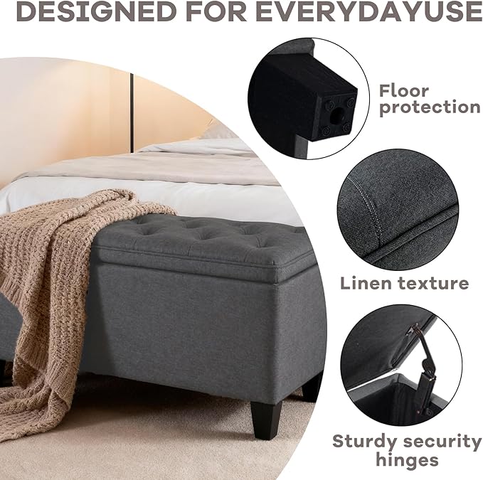 DUMOS Storage Ottoman Bench, Foot Rest with Legs, 16.1 x 40 x 18 Inches, End of Bed Bench, Storage Chest for Living Room,Bedroom, Entryway, Dark Gray