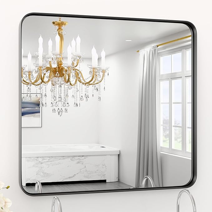 Black Bathroom Mirror for Wall, 30" x 30" Metal Framed Mirror, Rounded Rectangle Bathroom Mirrors, Black Bathroom Mirrors for Large Spaces,Tempered Glass, Anti-Rust
