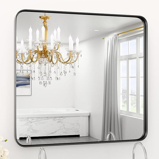 Black Bathroom Mirror for Wall, 30" x 30" Metal Framed Mirror, Rounded Rectangle Bathroom Mirrors, Black Bathroom Mirrors for Large Spaces,Tempered Glass, Anti-Rust