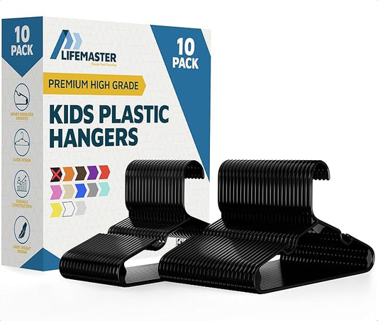 Lifemaster Plastic Kids Clothes Hanger – Children Clothes Hanger with Shoulder Notch, 11.6 Inch Space-Saving Closet Organizer for Baby, Toddler, and Kids Clothing, Hold Up to 5 lbs, Pack of 10, Black