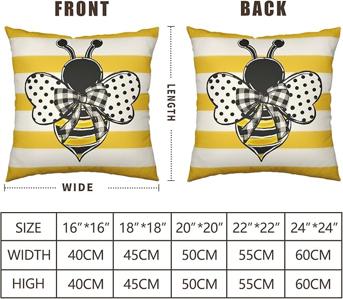 Summer Bee Pillow Covers 16x16 Set of 2 Yellow White Striped Bumblebee Pillow Cases Spring Honey Bee Holiday Decorative Cushion Case for Bed Couch Sofa