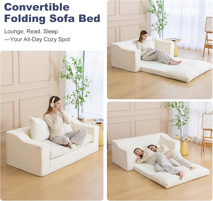 61" Convertible Sofa Bed Loveseat, Memory Foam Boneless Floor Couch with Removable Corduroy Cover, Tri-folding Compact Full-size Sleeper for Small Living Room, Playroom, Guest Room, RV (White) | Convertible Sofa Bed, Premium Memory Foam, Ergonomic Desi...