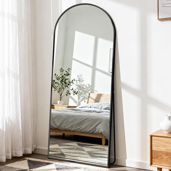 DUMOS Arched Full Length Mirror with Stand Floor Standing Aluminum Frame for Bedroom Body Hanging Leaning Modern Simple Home Decor Shatter-Proorf Nano Glass Wall Living Room Cloakroom Black 65"x24"