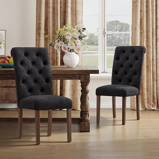 Upholstered Tufted Dining Room Chairs Set of 2, Parsons Kitchen Chairs with Padded Seat and Solid Wood Legs, Fabric Accent Side Diner Chair for Dining Room/Kitchen/Living Room, Black