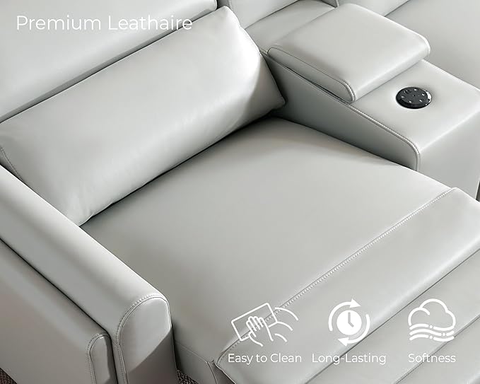 Jocisland Dual Power Recliner, Oversized 5-Seater Sofa with Console, 3 Bluetooth Speakers & Hidden Storage, Modern L Shaped Reclining Couch with 6 Charging Ports - Light Gray Leathaire