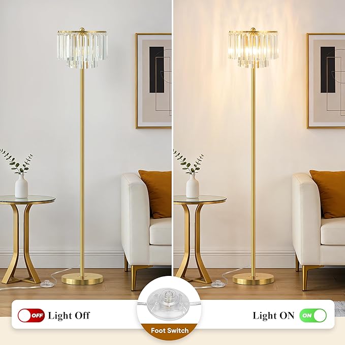 QiMH Floor Lamps for Living Room, Gold Floor Lamp with On/Off Foot Switch, Standing Lamp with Double Layer Crystal Bars Lampshade, 63" Tall Floor Lamps for Bedroom Corner Office(3 Bulbs Included)