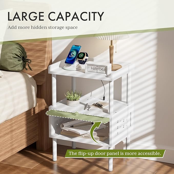 Amazer Bamboo Nightstand with Charging Station, Bedside Table with USB Ports & Outlets, End Table, Night Stand for Bedroom Lift-Up Drawer & Open Shelf, White