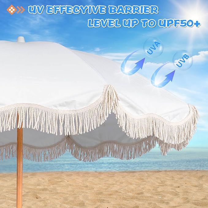 6.5ft Boho Beach Umbrella with Fringe, UPF 50+ Tassel Umbrellas with Carry Bag, Premium Wood Pole Foldable Patio Umbrella for Outdoor Holiday Garden Lawn Pool Yard Table