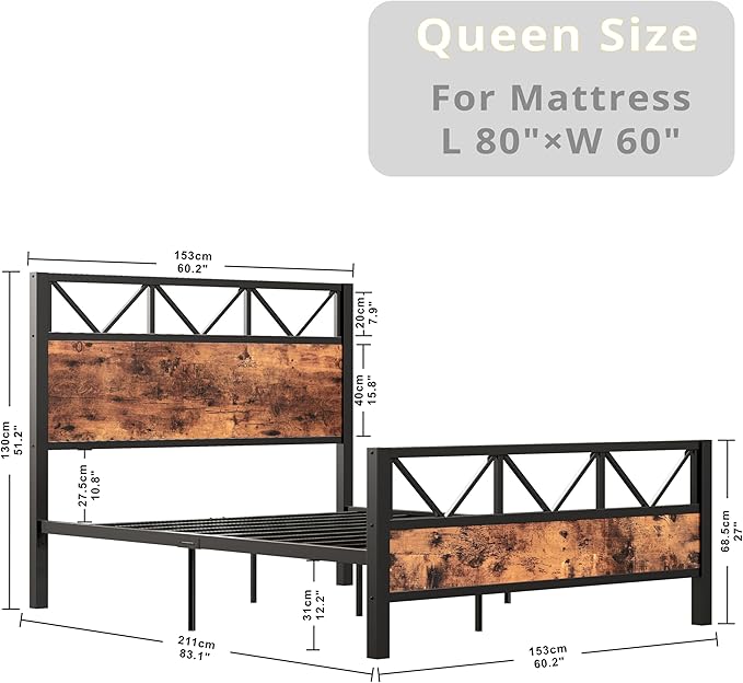 LIKIMIO Queen Bed Frame, Tall Industrial Headboard 51.2 ", Platform Bed Frame with Strong Metal Support, Solid and Stable, Noise Free, No Box Spring Needed, Easy Assembly, Vintage Brown