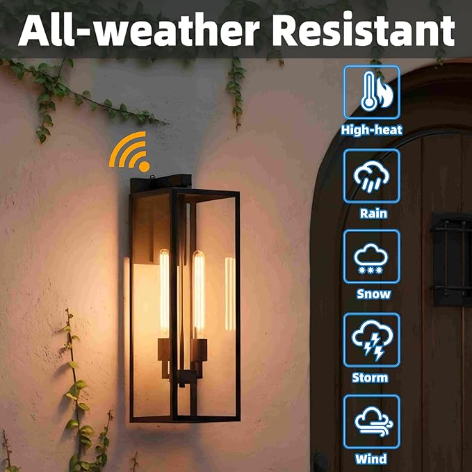 25 Inch Large Size Outdoor Wall Light Dusk to Dawn,2-Light Outdoor Porch Lanterns Extra Large 2-Bulb Outside Wall Sconce with Dusk to Dawn Sensor Outdoor Lighting for Garage Photocell Exterior Light