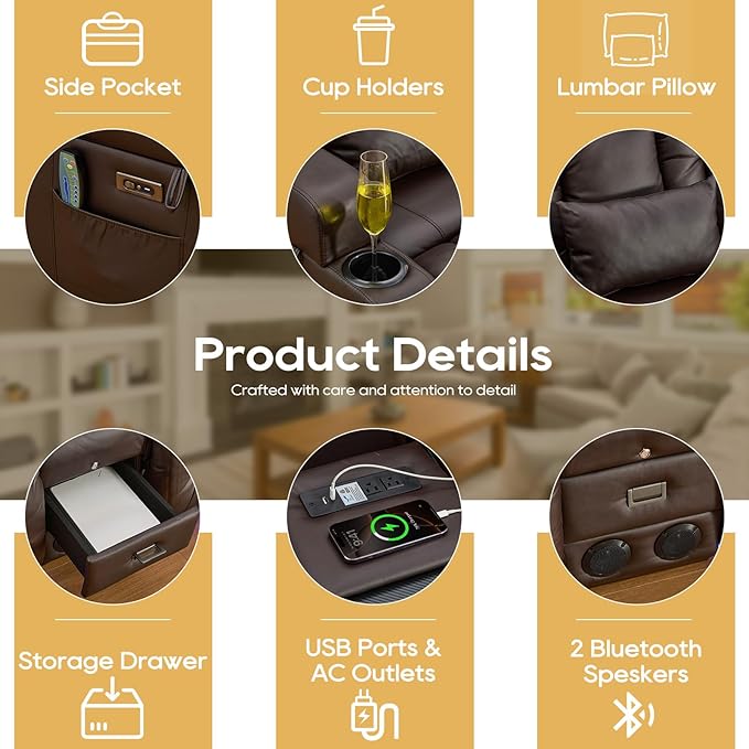 IPKIG Power Recliner Sofa with Flip-Up Backrest Console, USB & USB-C Ports, AC Outlet, LED Lights, Wall Hugger Recliners for Living Room, RV (Brown, 67" - 3 Seat) | Faux Leather, Zero Gravity, Dual Reclining, 2 Lumabr Pillow, Bluetooth Speakers