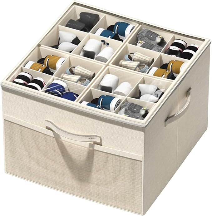 Aokeyee Shoe Organizer for Closet,Foldable Shoe Storage Organizer Box Bin with Adjustable Dividers and Clear Cover, Fits up to 16 Pairs