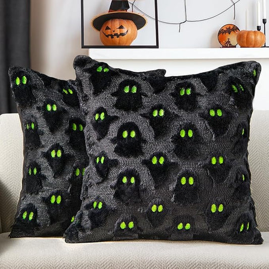 DFXSZ Halloween Pillow Covers 20x20 inch Set of 2 Black Ghost Throw Pillow Cases Soft Plush Faux Fur Wool Couch Cushion Case for Chair Sofa Bedroom Living Room Home Decor PTK03F20
