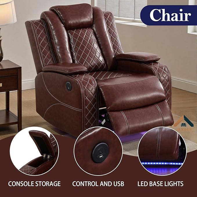 Power Recliner Sofa Sets for Living Room, Leather Recliner Sofa Set with LED Light, Console Storage, Cup Holder for Home Theater Seating(Loveseat and Chair,Red)