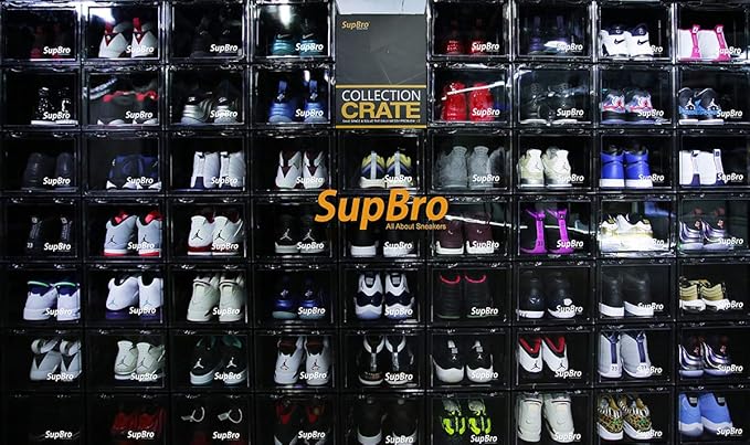 SupBro Collection Crate - Easy Access Storage Shoes Box -Plastic Foldable Stackable Sneaker Display Storage with Clear Front Door Organizer-8 Pack (Steel Flash)