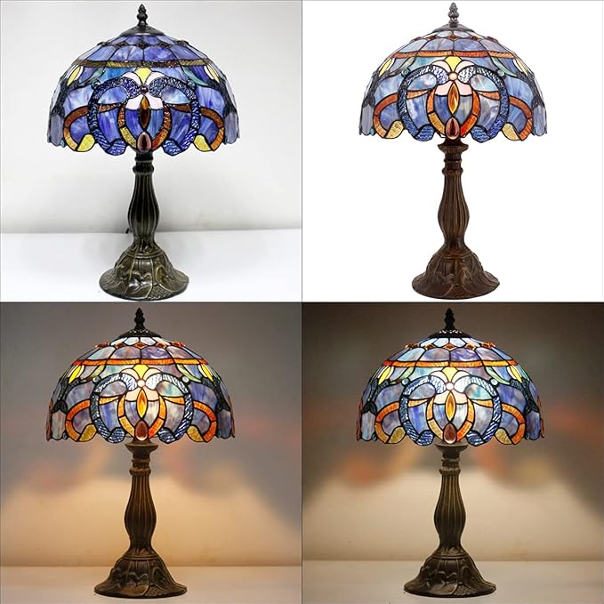 WERFACTORY Tiffany Lamp Blue Purple Stained Glass Style Table Lamp Reading Desk Light 12X12X18 Inches Decor Bedroom Living Room Home Office S558 Series