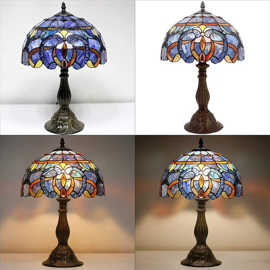 WERFACTORY Tiffany Lamp Blue Purple Stained Glass Style Table Lamp Reading Desk Light 12X12X18 Inches Decor Bedroom Living Room Home Office S558 Series