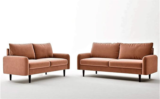 Container Furniture Direct Americus Velvet Upholstered Sofa and Loveseat Set, Couches for Living Room with Luxurious Mid Century Modern Design and Wooden Base, 2 Piece, Rose