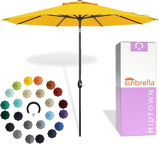 Midtown Umbrellas - The Lean 9 Ft Patio Umbrella with Fade-Resistant Sunbrella Fabric, Auto-Tilt Aluminum Frame and 8 Reinforced Ribs for Deck, Pool & Garden - Yellow Canopy, Black Pole