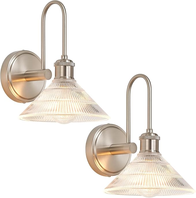 Wall Sconce Set of 2, Nickel Vintage Light Fixtures with Round Clear Glass Lampshade, Hardwired Sconces Wall Lighting for Bedroom, Bathroom, Living Room | Includes 2 LED Bulbs