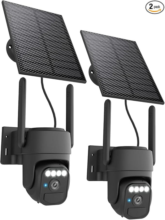 Solar Security Cameras Wireless Outdoor 2 Packs, Color Night Vision, SD/Cloud Storage, 2-Way Talk, 2.4GHz WiFi, IP65 Waterproof, 360° View