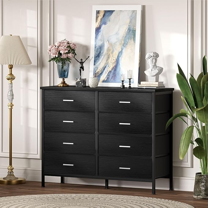 BOLUO Black Dresser for Bedroom 8 Drawer, Wide Dresser TV Stand for 50" TV Dressers & Chests of Drawers Fabric Dresser for Closet Modern